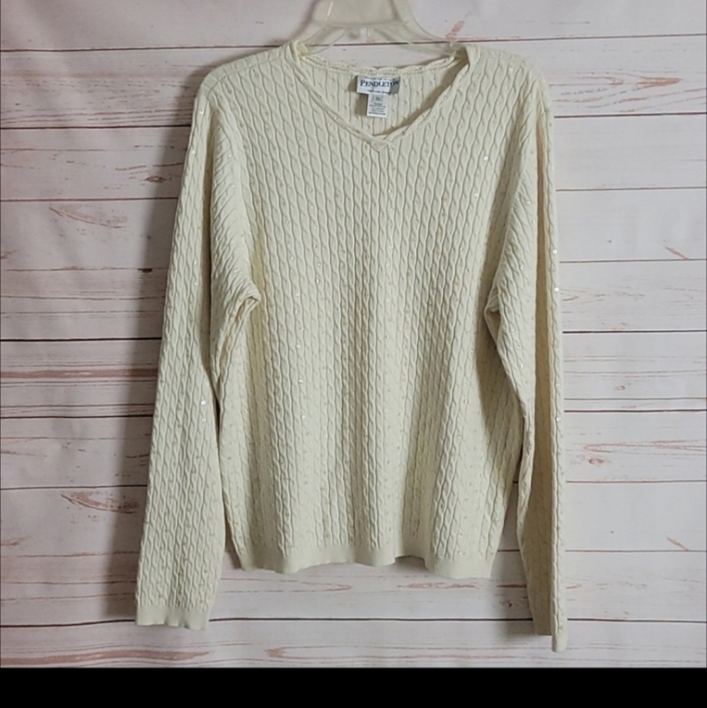 Pendelton Cream Long Sequin Cashmere   Blend Cable Knit Pullover V-Neck Sweater